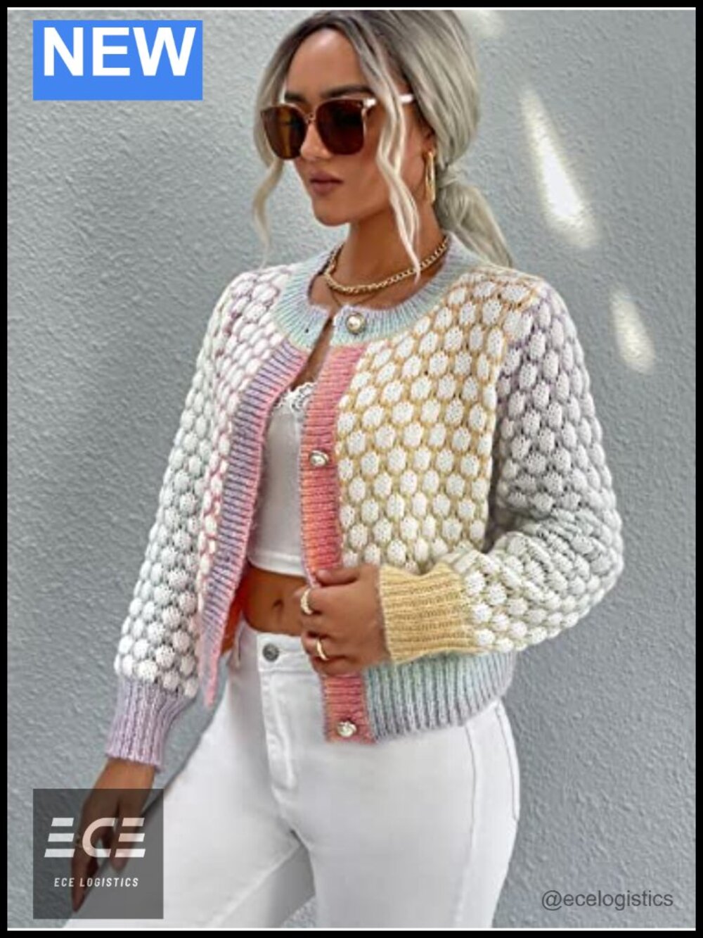 Cropped Button Up Cardigan Tweed Pearl-Button Knit Layering Top - Picture 5 of 6